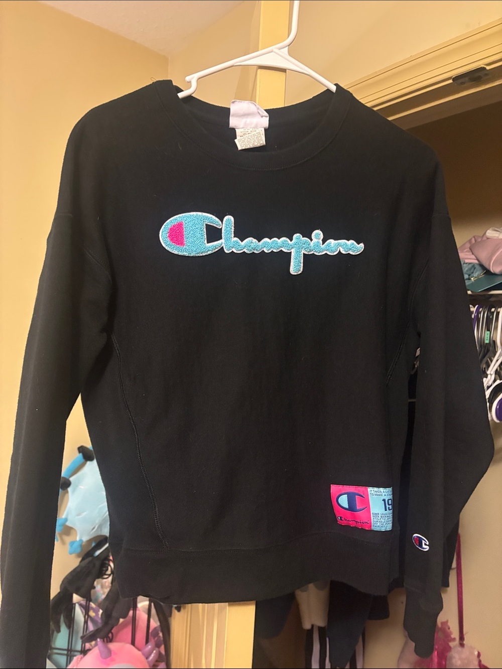 Champion Black Sweatshirt with Teal & Pink Logo Accents size medium